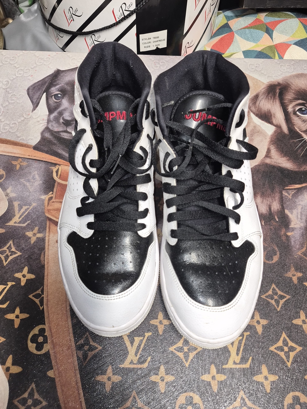 Air Jordan Style High-Top Sneakers in White/Black with Red Jumpman - Picture 2 of 5